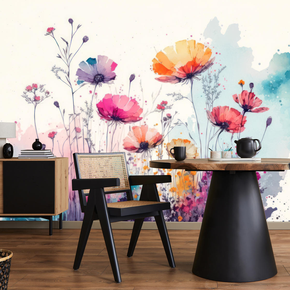 FOTOTAPETE für Schlafzimmer Abstrakte Bunte Wiesenblumen Aquarell 250x175 - Türkis/Rot, Papier (250/175cm) - Muralo