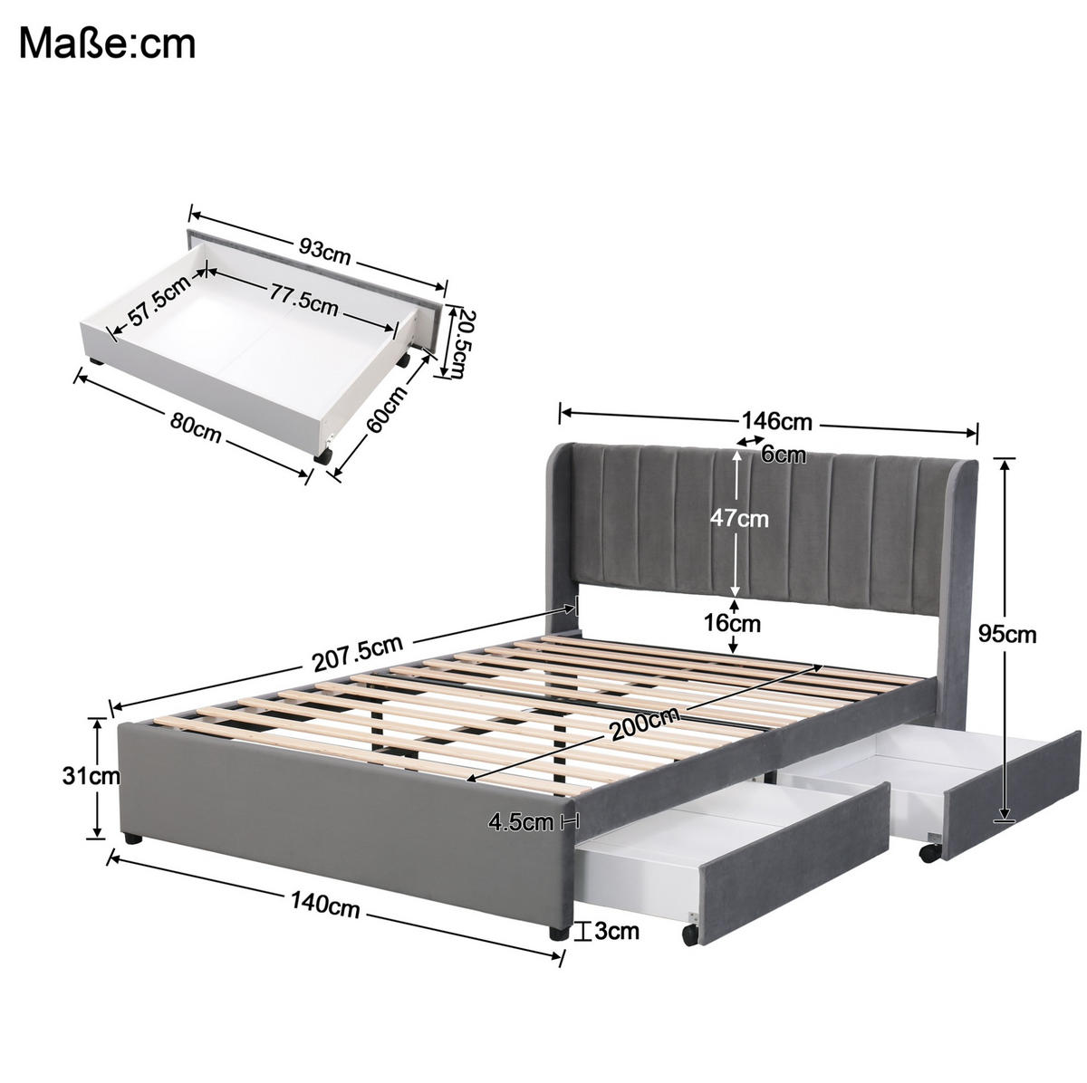 POLSTERBETT 140/200 cm Grau aus Samt mit 2 Schubladen - Grau, Textil (140/200cm) - OKMYHOME