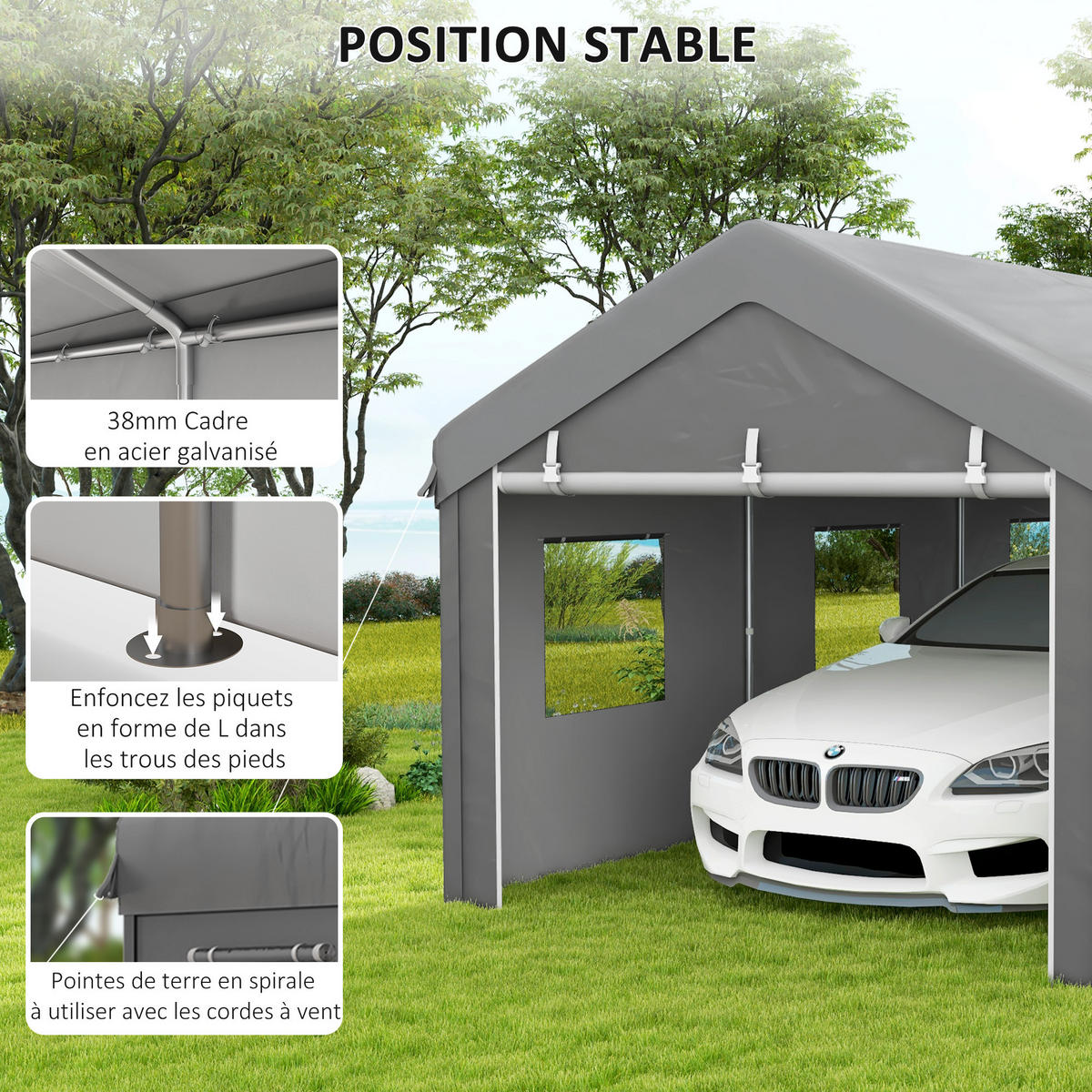 CARPORT DE-12609 600/295/278 cm 160 g/m² mit 2 Rolltüren und 6 Fenstern Grau - Hellgrau, Kunststoff (295/278/600cm) - ComfortXL