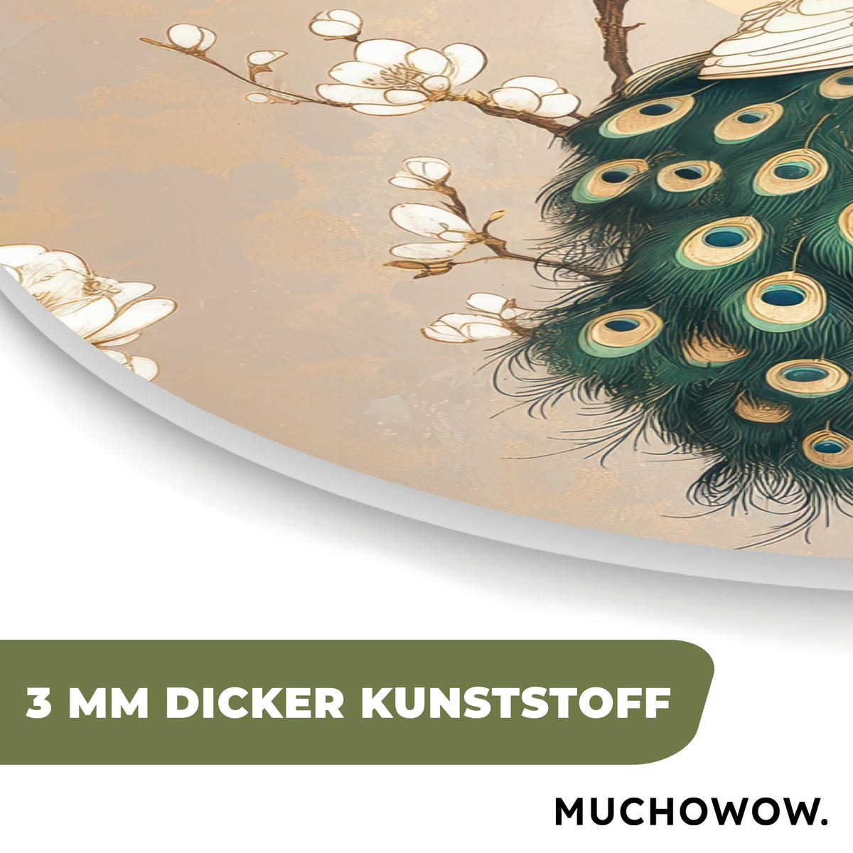 WANDBILD Pfau - Zweig - Blumen 40x40 cm - Champagner, Kunststoff (40/40cm) - MuchoWow