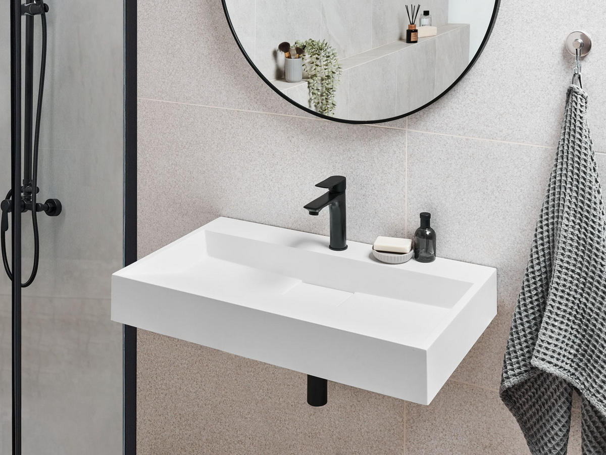 HÄNGEWASCHBECKEN Weiß 80/46 cm Mineralguss Quenko - Weiß, Naturmaterialien (80/12/46cm) - Beliani