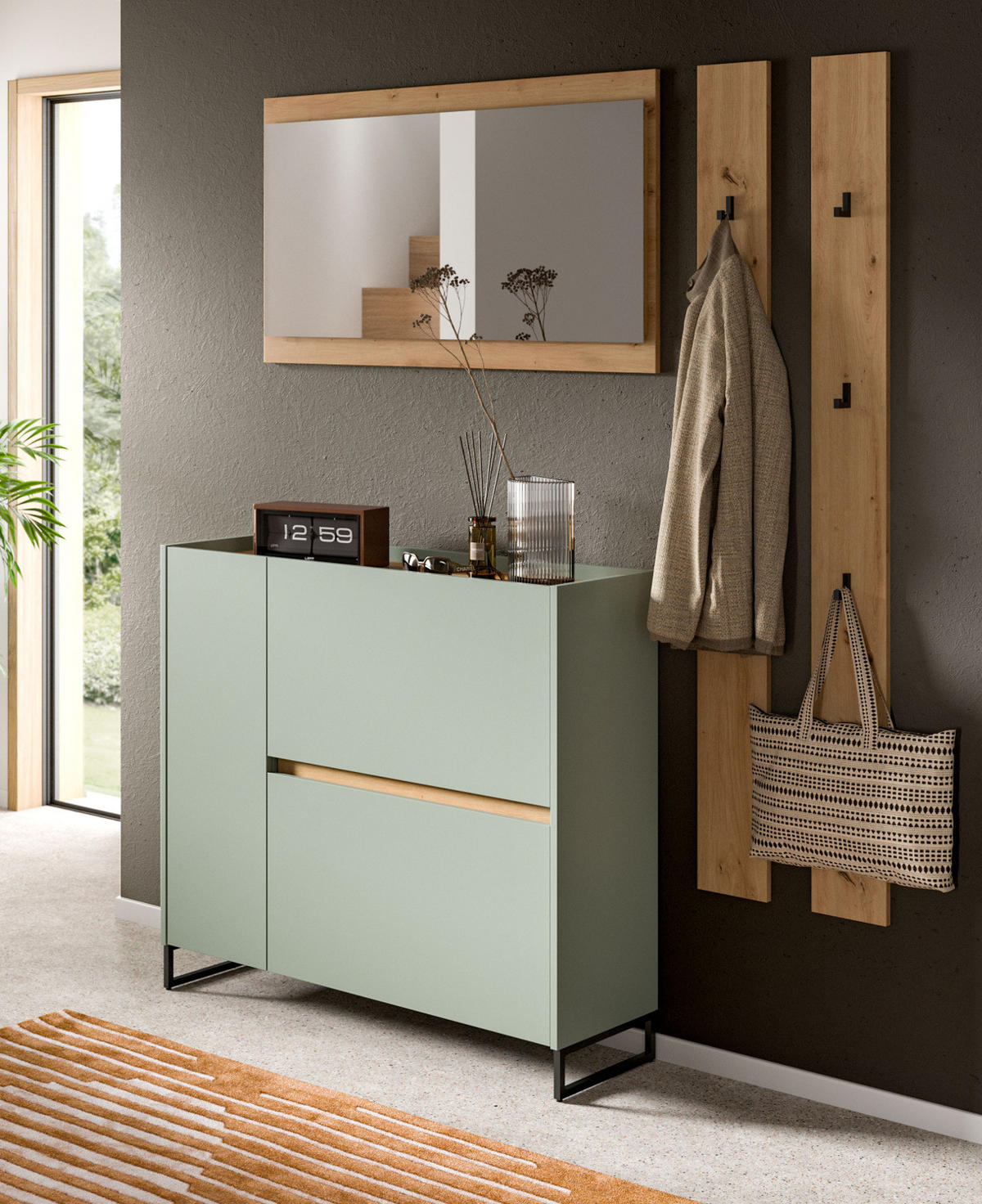 GARDEROBEN-SET Salbei und Artisan Eiche, Garderobe 172 x 197 cm, Soft-Close - Salbeigrün/Schwarz, Holzwerkstoff/Metall (172/197/32cm) - Inn.Furn