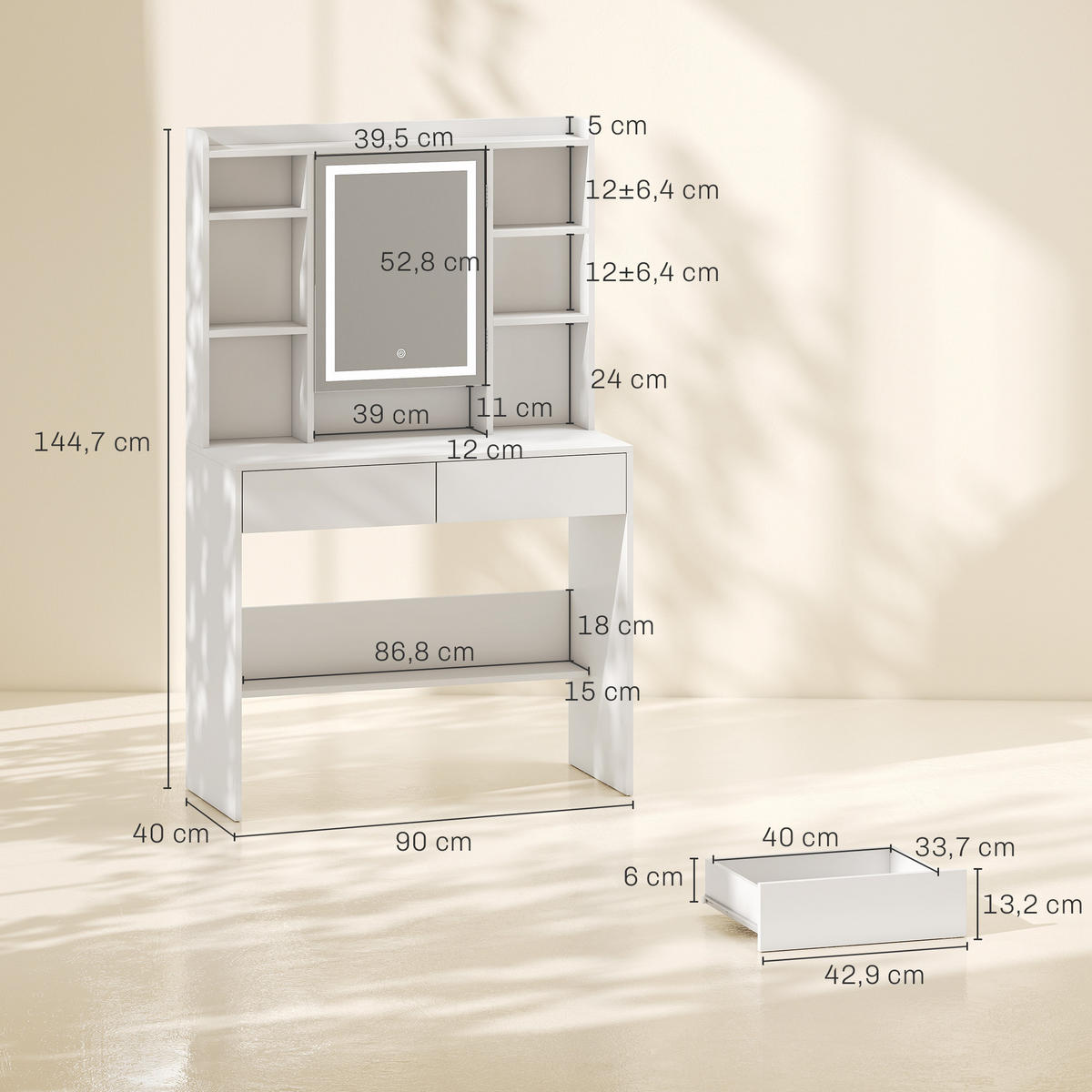 TOALETNÍ stolek MDF bílý - bílá, kompozitní dřevo (40/144.7/90cm) - HOMCOM