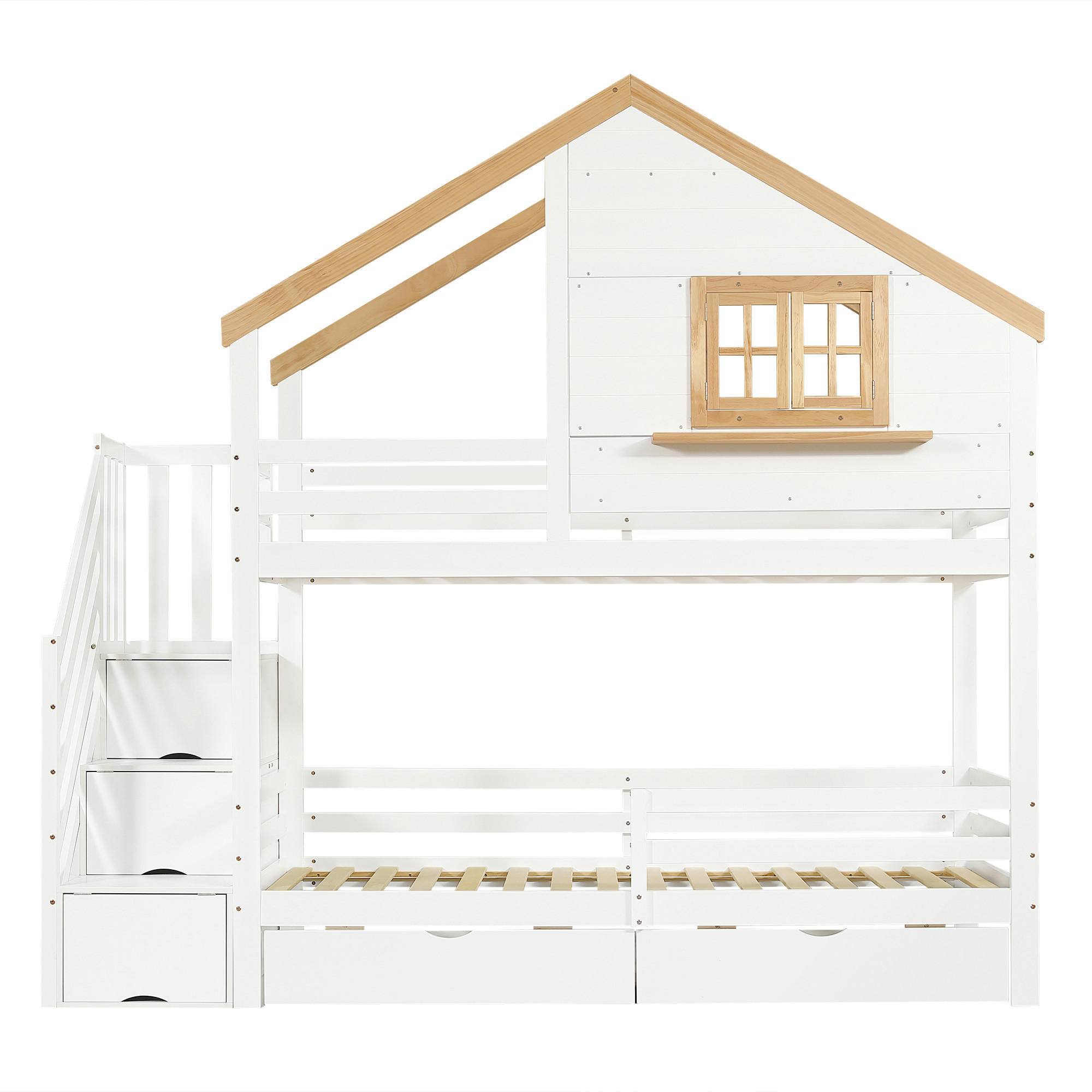 KINDERBETT Weiß/Natur Liegefläche 90/200 cm, Etagenbett, Hausdesign, Treppe mit Stauraum, Ohne Matratze - Weiß, Holz (90/200cm) - PANGIVO
