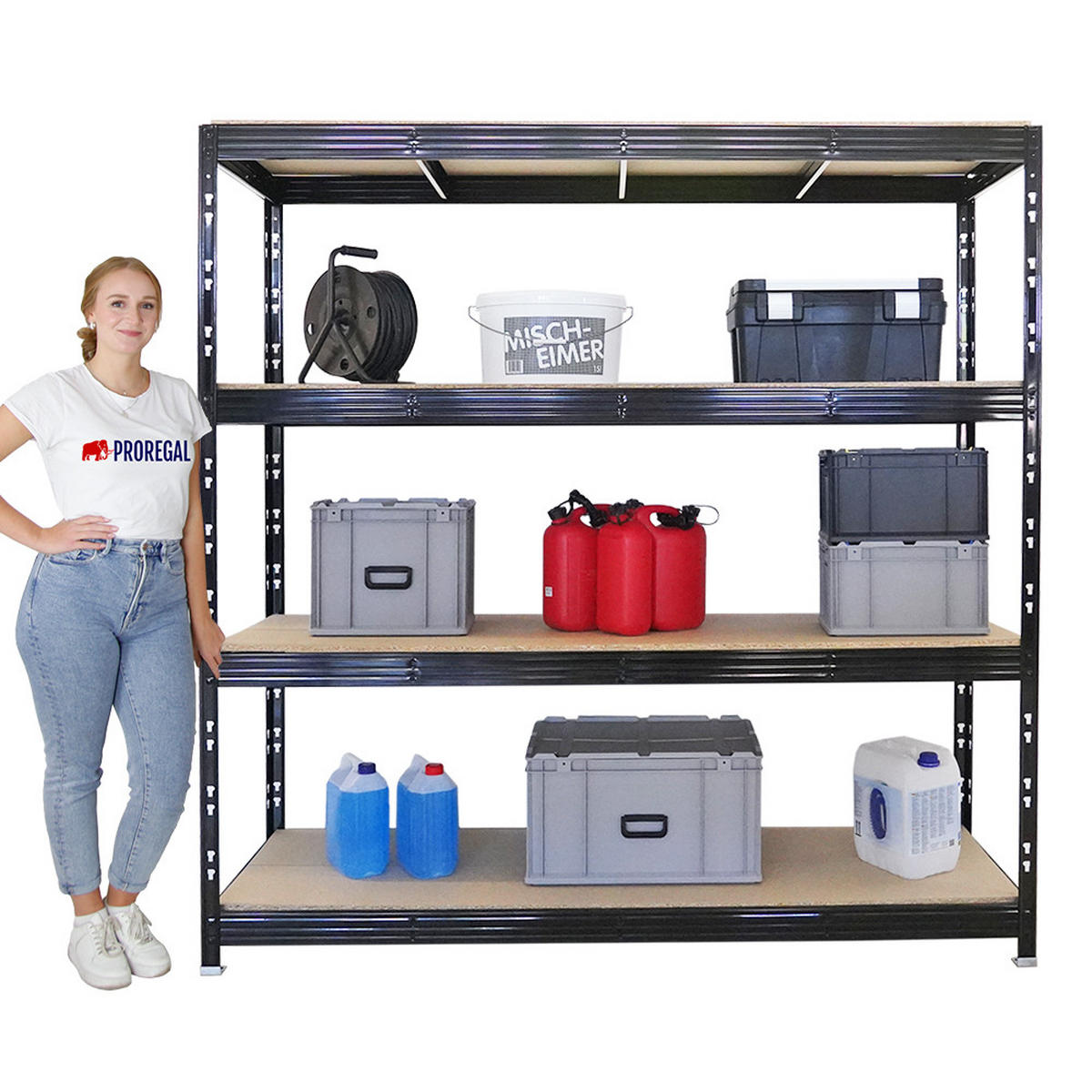 SCHWERLASTREGAL Rhino 200x200x60 cm 4 Spanplatten-Ebenen 16mm Fachlast 500 kg Schwarz - Schwarz, Metall (200/200/60cm) - PROREGAL