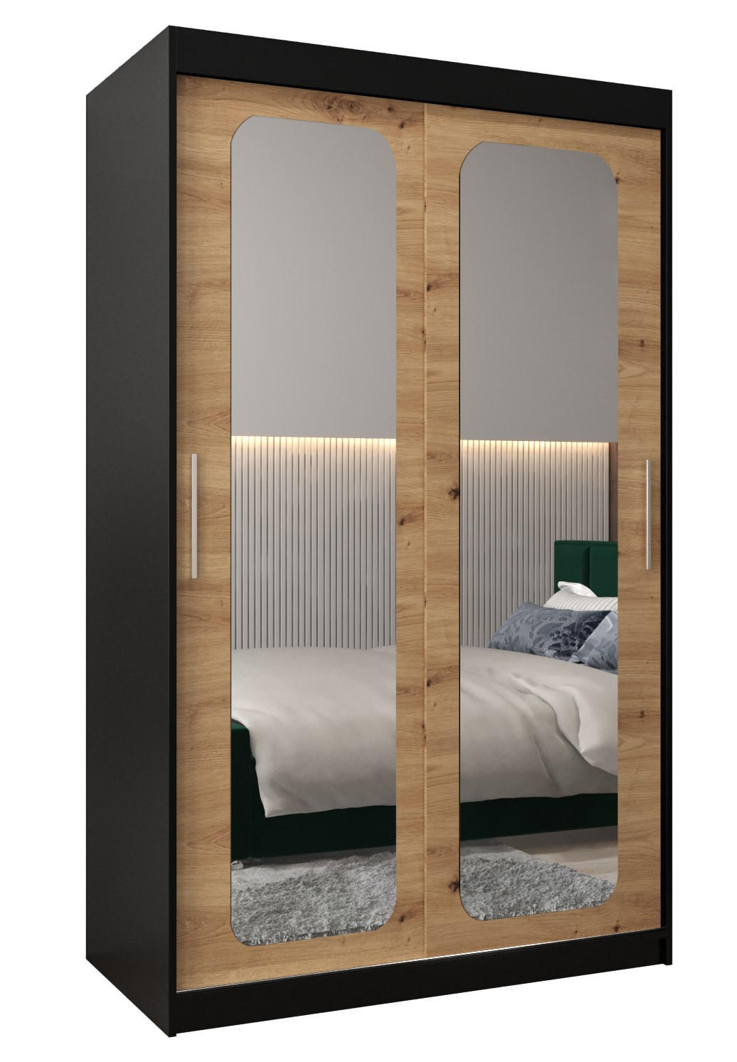 Abiks Möbel Schwebetürenschrank Schwarz, Eiche Artisan 120x200x62 cm