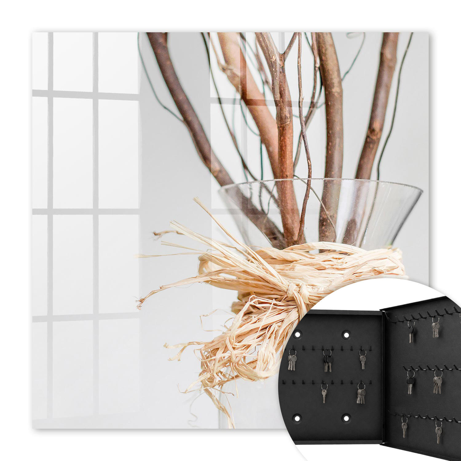 SCHLÜSSELBOX Schwarz 30x30 cm- Türöffnung nach rechts - Zweige in einer Vase - Beige, Metall (30/30/5cm) - TULUP