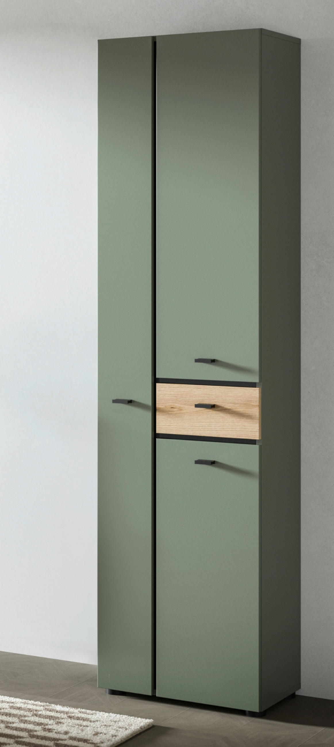 HOCHSCHRANK grün, Evoke Eiche 51 x 191 cm, Badschrank mit viel Stauraum - Eichefarben/Schwarz, Holzwerkstoff/Kunststoff (51/30/191cm) - Inn.Furn