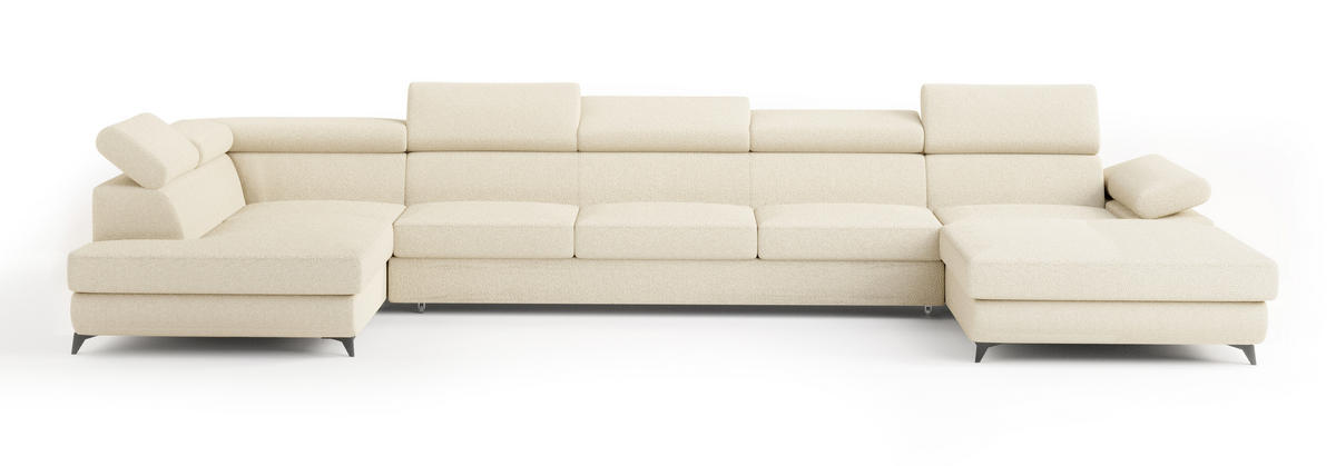 WOHNLANDSCHAFT MONTIVA Creme Boucle-Stoff mit Schlaffunktion - Creme, Holz (410/89/190cm) - MASSENO