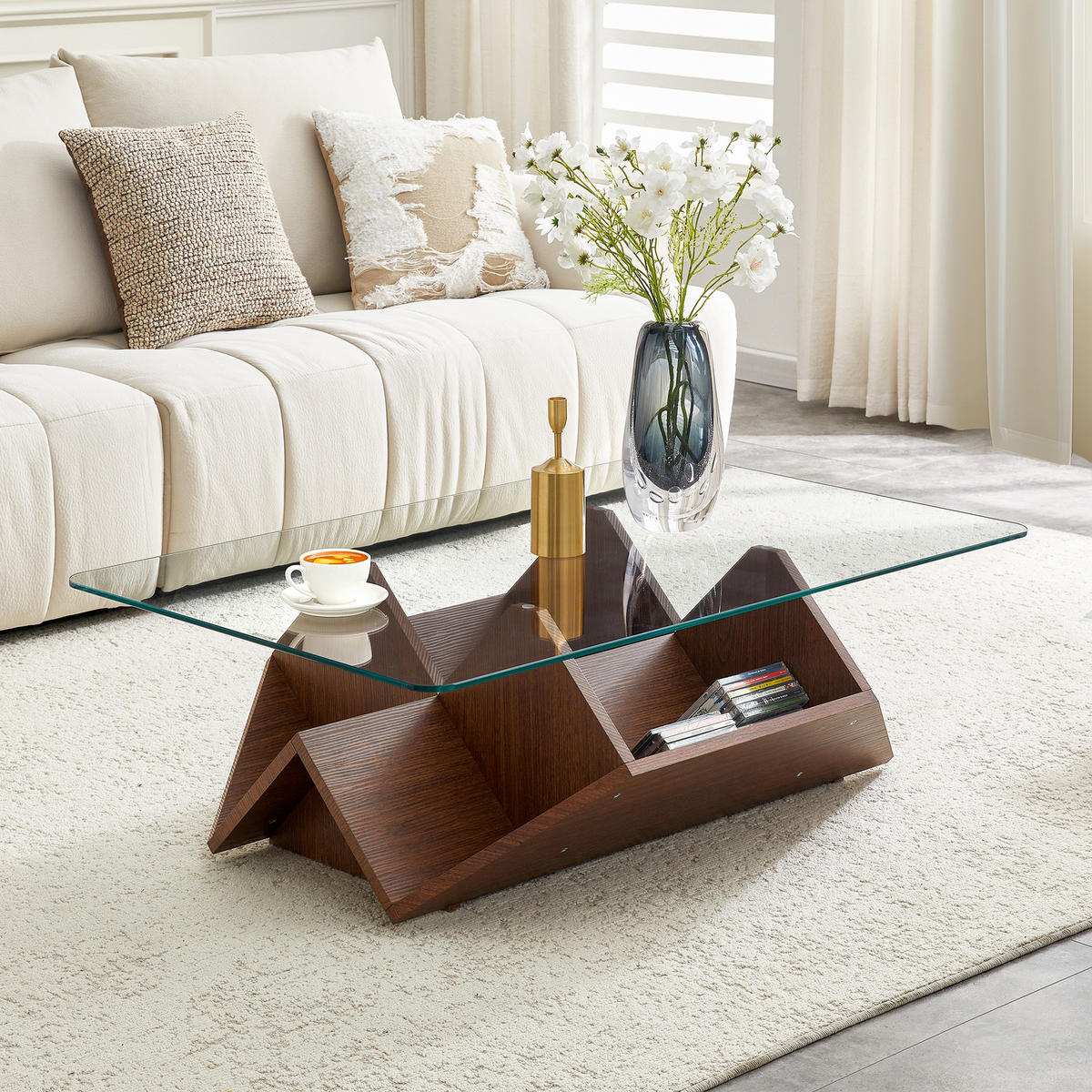 COUCHTISCH DE-37392 mit Glasplatte und mehrstufigem Stauraum Walnuss - Walnussfarben, Holzwerkstoff (103/63/33.5cm) - ComfortXL