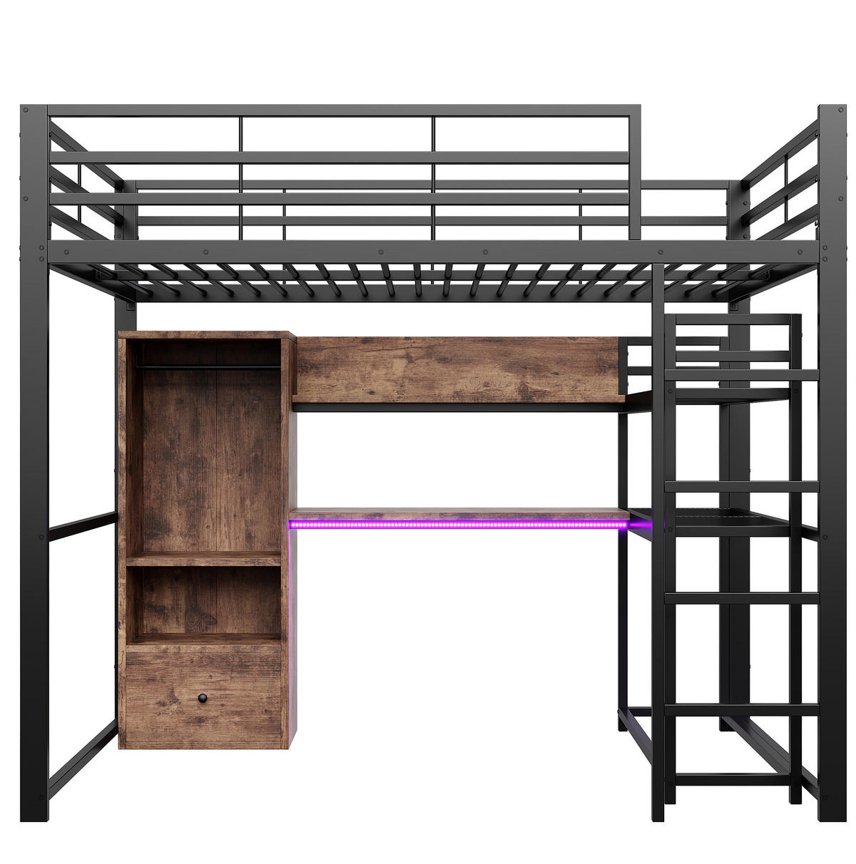 VYSOKÁ postel 203/144,5/174 cm černá s LED osvětlením a stolem z kovu a MDF - černá, kompozitní dřevo (140/200cm) - OKWISH