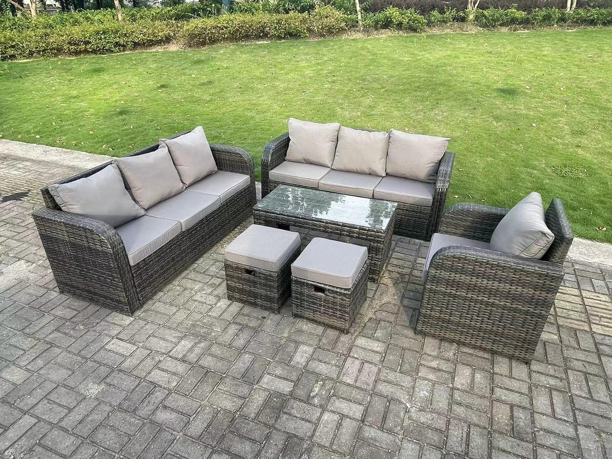 GARTENSET Polyrattan 9-Sitzer - Dunkelgrau/Grau, Glas/Kunststoff - Fimous