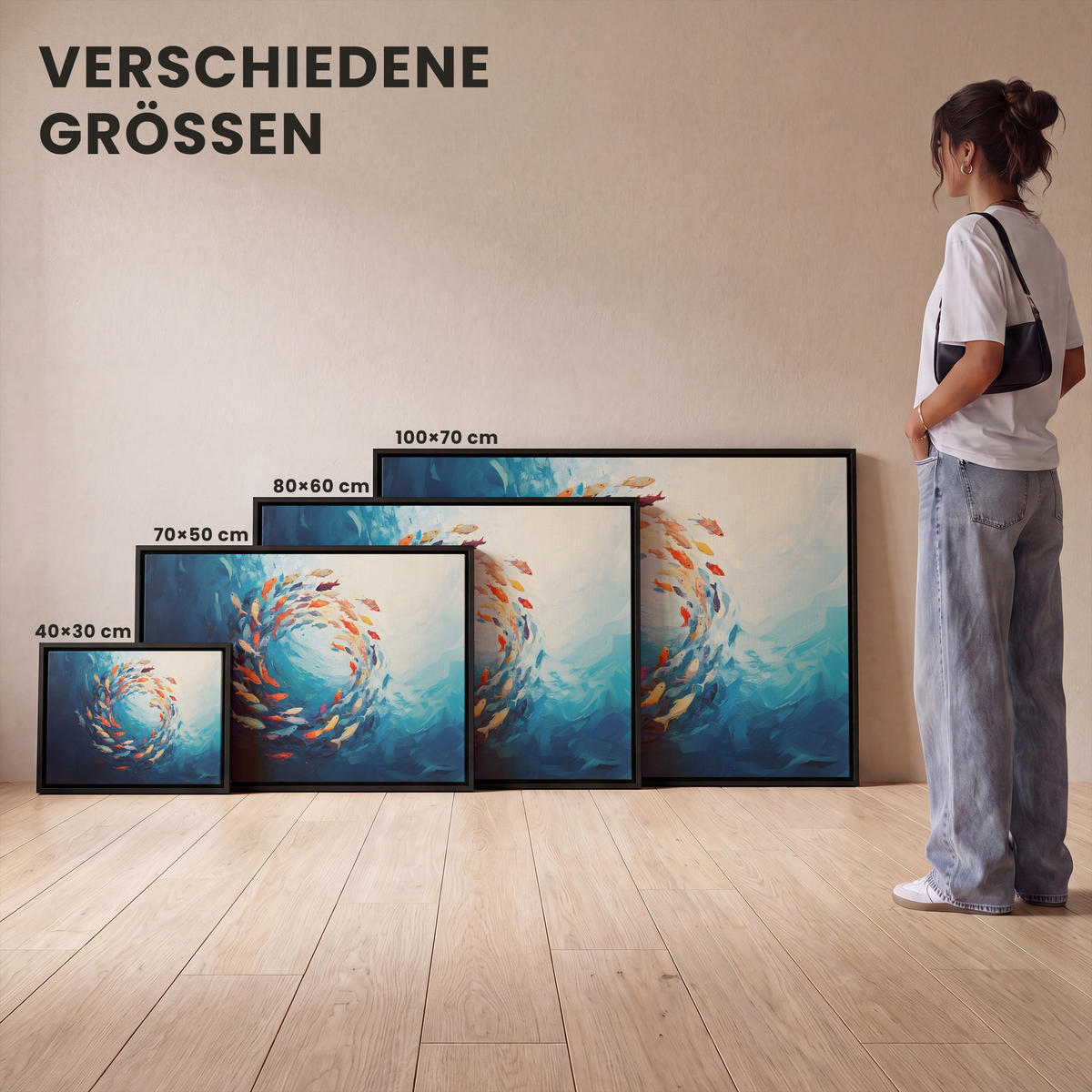 LEINWAND Bilder mit Rahmen - Meer - Fische - Bunt - Dynamisch - 40x30 - Hellblau, Textil (40/30cm) - MuchoWow
