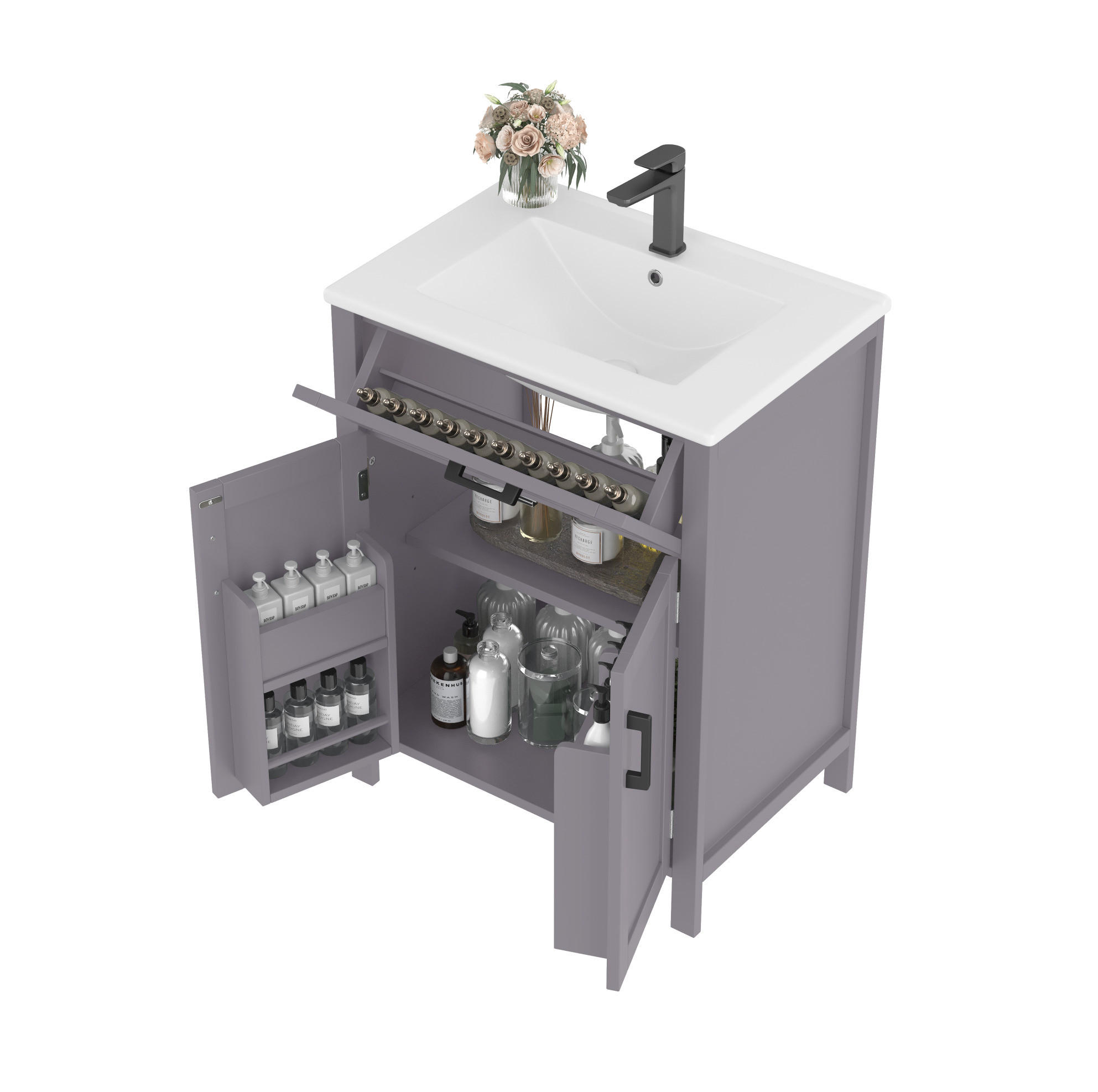 WASCHTISCHKOMBI 60/46/84,8 cm grau aus Keramik und MDF mit Schublade und verstellbaren Regalen - Grau, Holzwerkstoff (60/84.8/46cm) - OKWISH