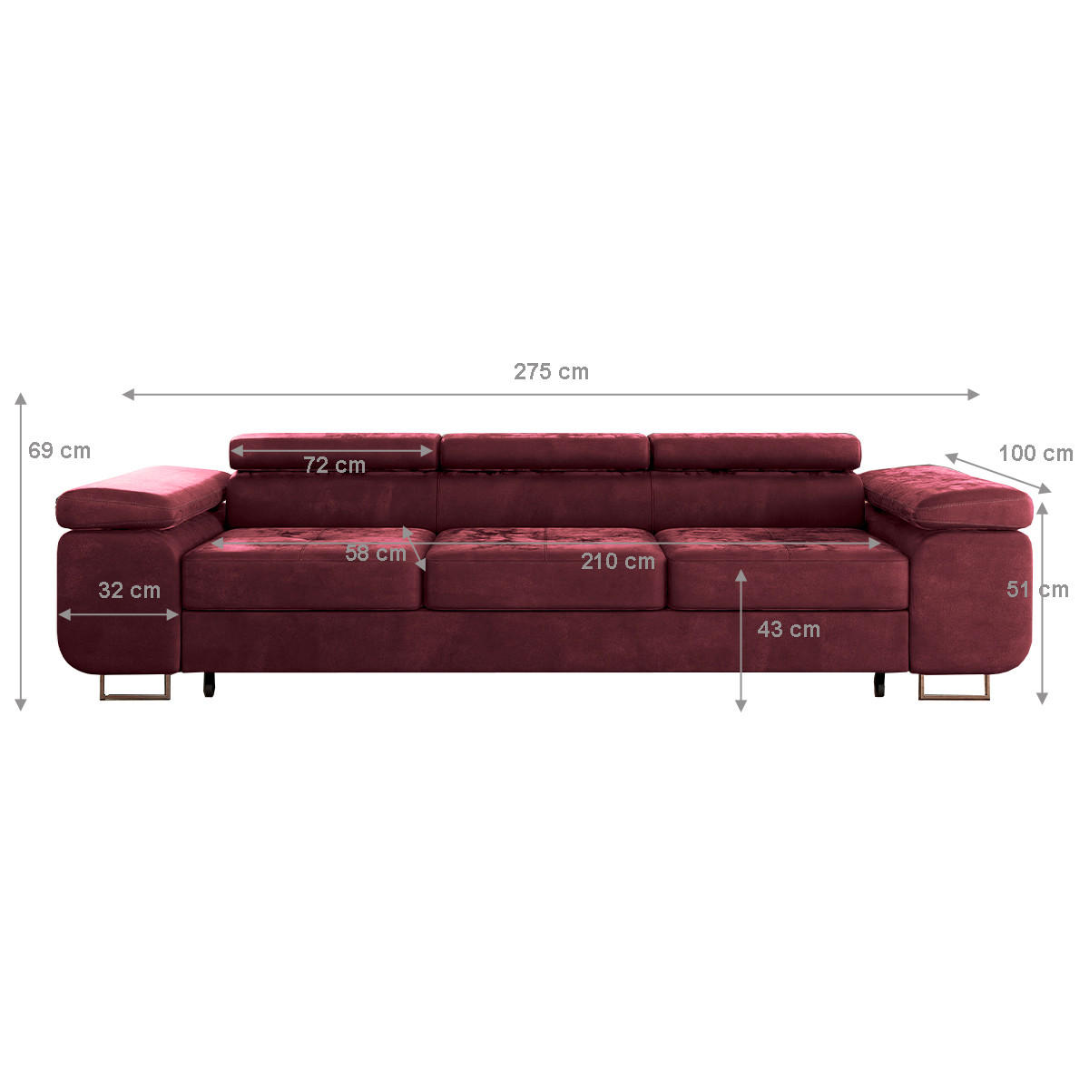 SCHLAFSOFA Wilson 3 Sitzplätze Bordeaux - Rot, Holzwerkstoff (275/69/100cm) - Petits-meubles