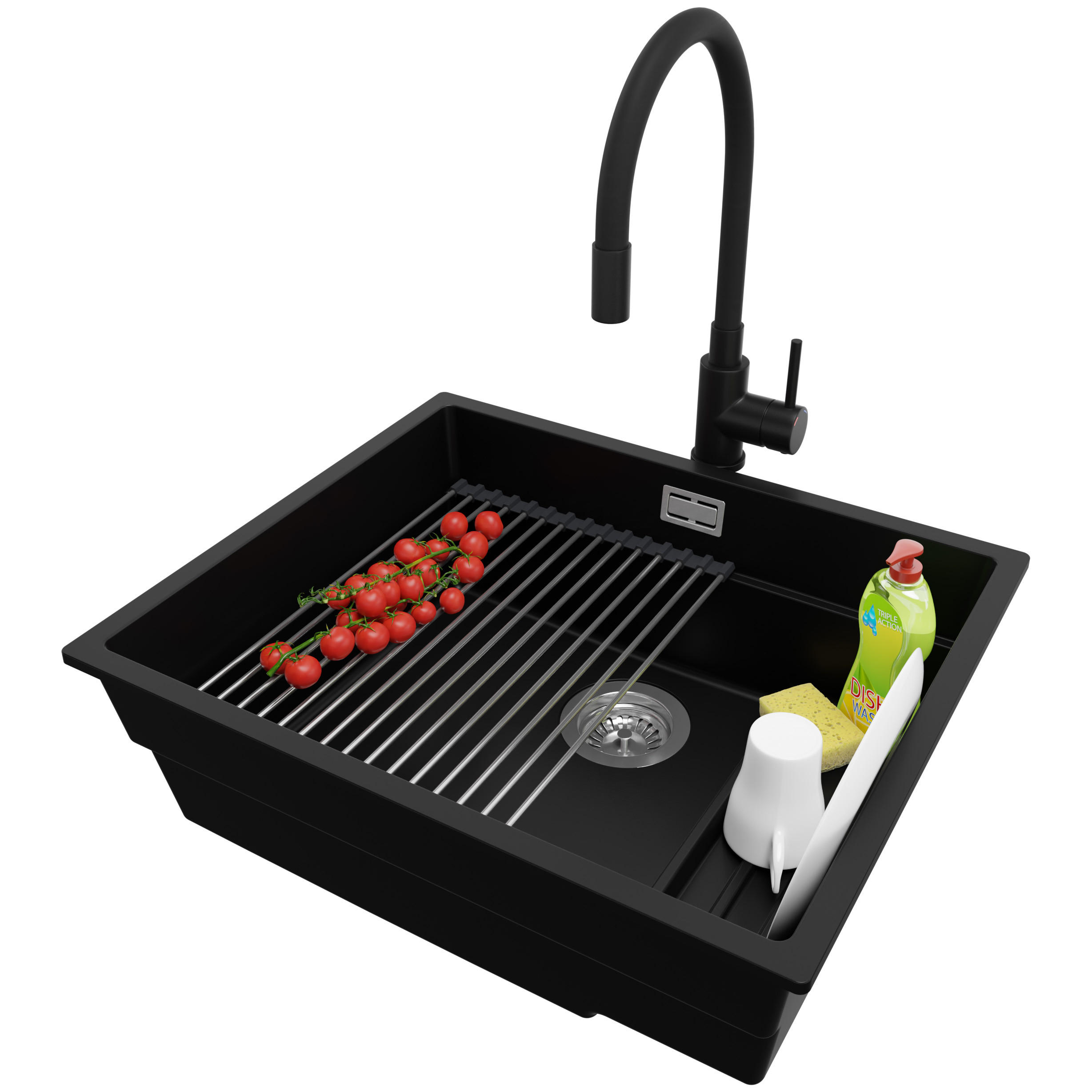 GRANITSPÜLE Praga Slim, 2-er set Schwarz 56/47 cm 1 Becken + Küchenarmatur 40/38 cm + Ablauf-Set + Aufrollbare Abtropffläche ab 60er Unterschrank - Chromfarben/Schwarz, Kunststoff (56/20/47cm) - Primagran