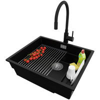 GRANITSPÜLE Praga Slim, 2-er set Schwarz 56/47 cm 1 Becken + Küchenarmatur 40/38 cm + Ablauf-Set + Aufrollbare Abtropffläche ab 60er Unterschrank - Chromfarben/Schwarz, Kunststoff (56/20/47cm) - Primagran