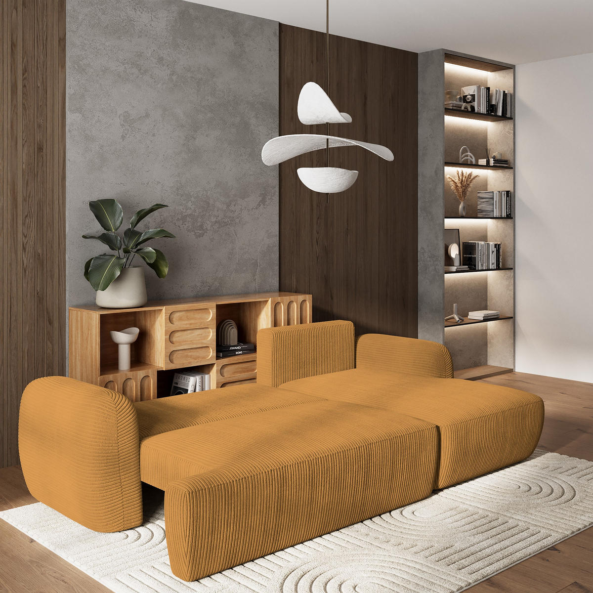 ECKSOFA MODENZA P R-S Gelb Kordstoff mit Schlaffunktion - Gelb, Holz (266/148cm) - MASSENO