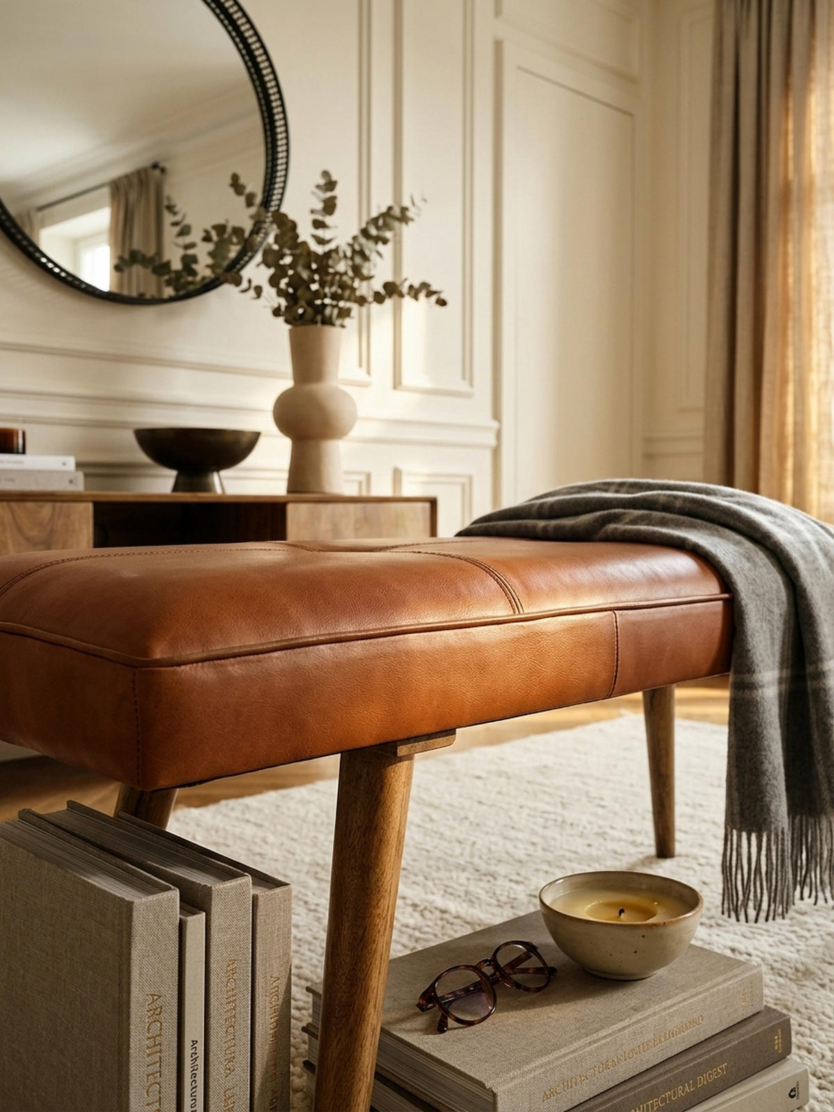 SITZBANK – Ziegenleder/Massivholz, Retro-Stil, 200 kg Belastbarkeit - Braun, Mangoholz/Leder (117/51/38cm) - KADIMA DESIGN