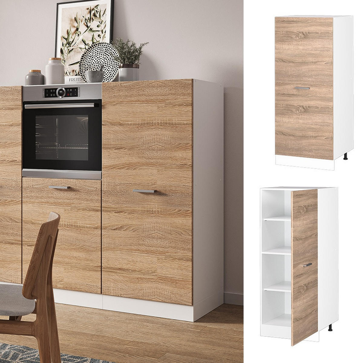 VORRATSSCHRANK R-Line Sonoma 60 cm - Weiß/Sonoma Eiche, Holzwerkstoff (60/143/57cm) - Vicco