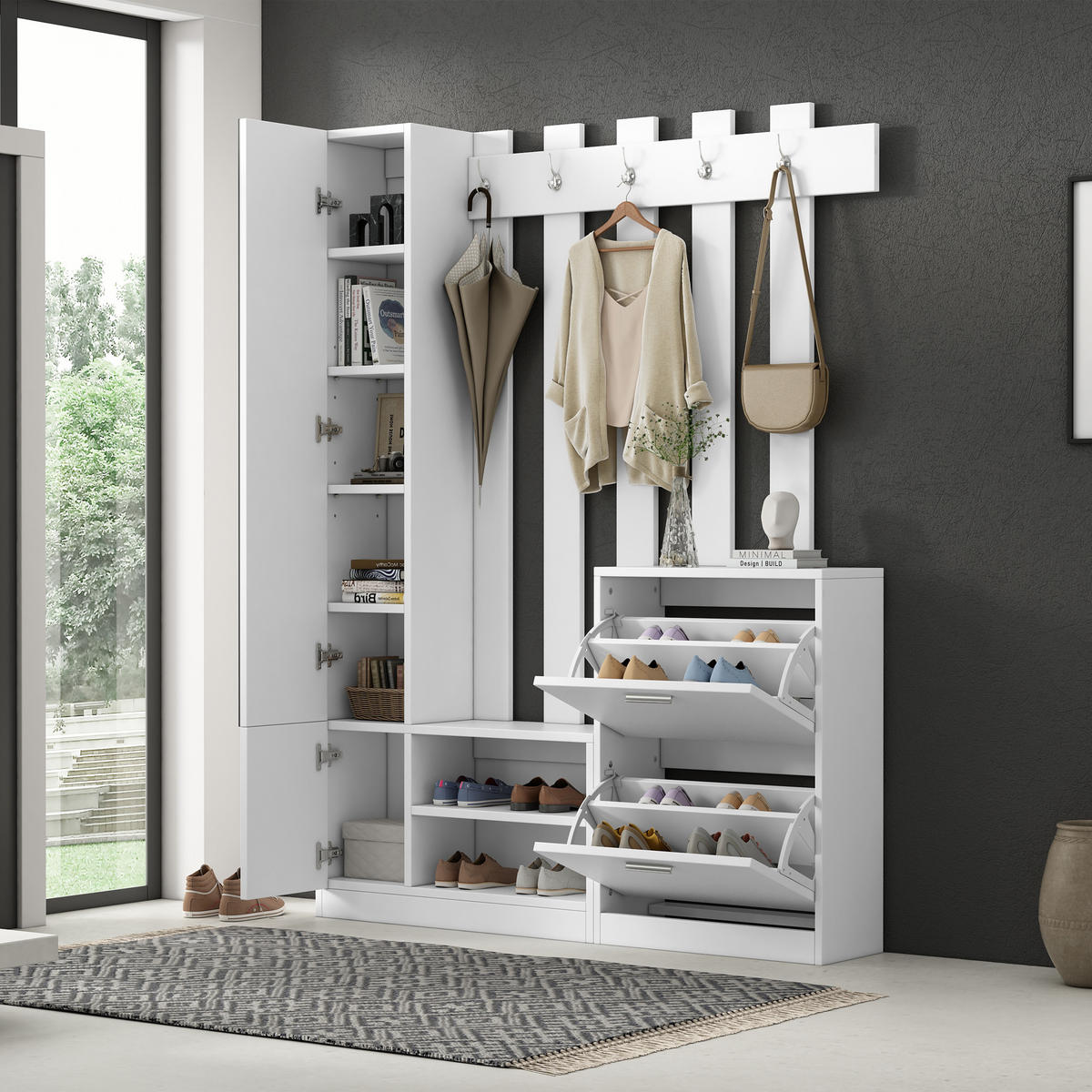 KOMPAKTGARDEROBE Spiegel Schuhschrank Hängeschrank Weiß - Weiß, Holzwerkstoff (135/180/25cm) - FLIEKS