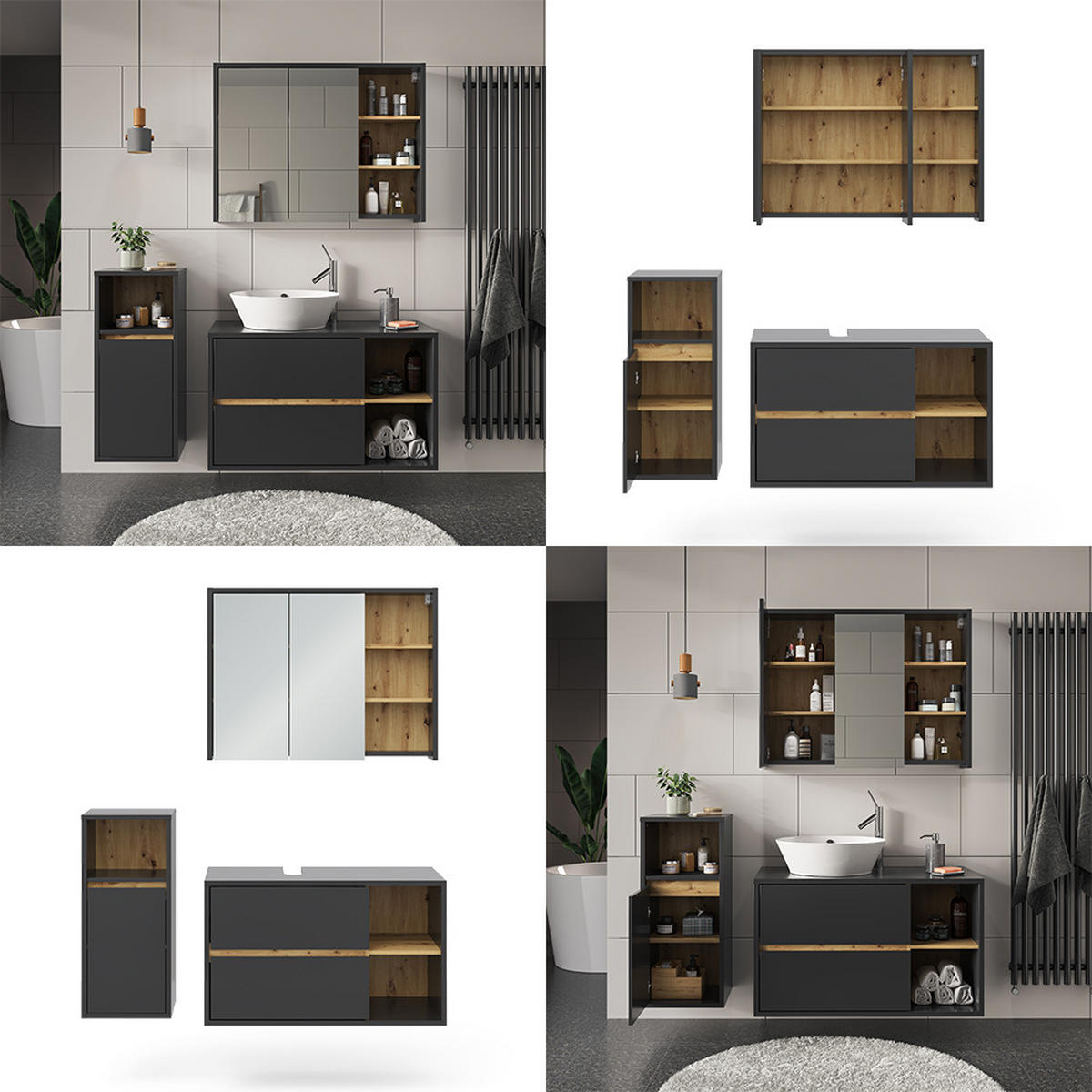 BADMÖBEL-SET Viola Anthrazit 3 Teile, mit Midischrank - Eichefarben/Anthrazit, Holzwerkstoff (60/100/45cm) - Vicco