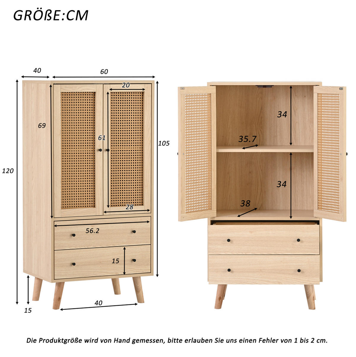 KOMODA 60/40/120 cm s 2 dvierkami a 2 zásuvkami, ratanovým dekorom a veľkým úložným priestorom, Dub - farba duba, kompozitné drevo (60/120/40cm) - Redom