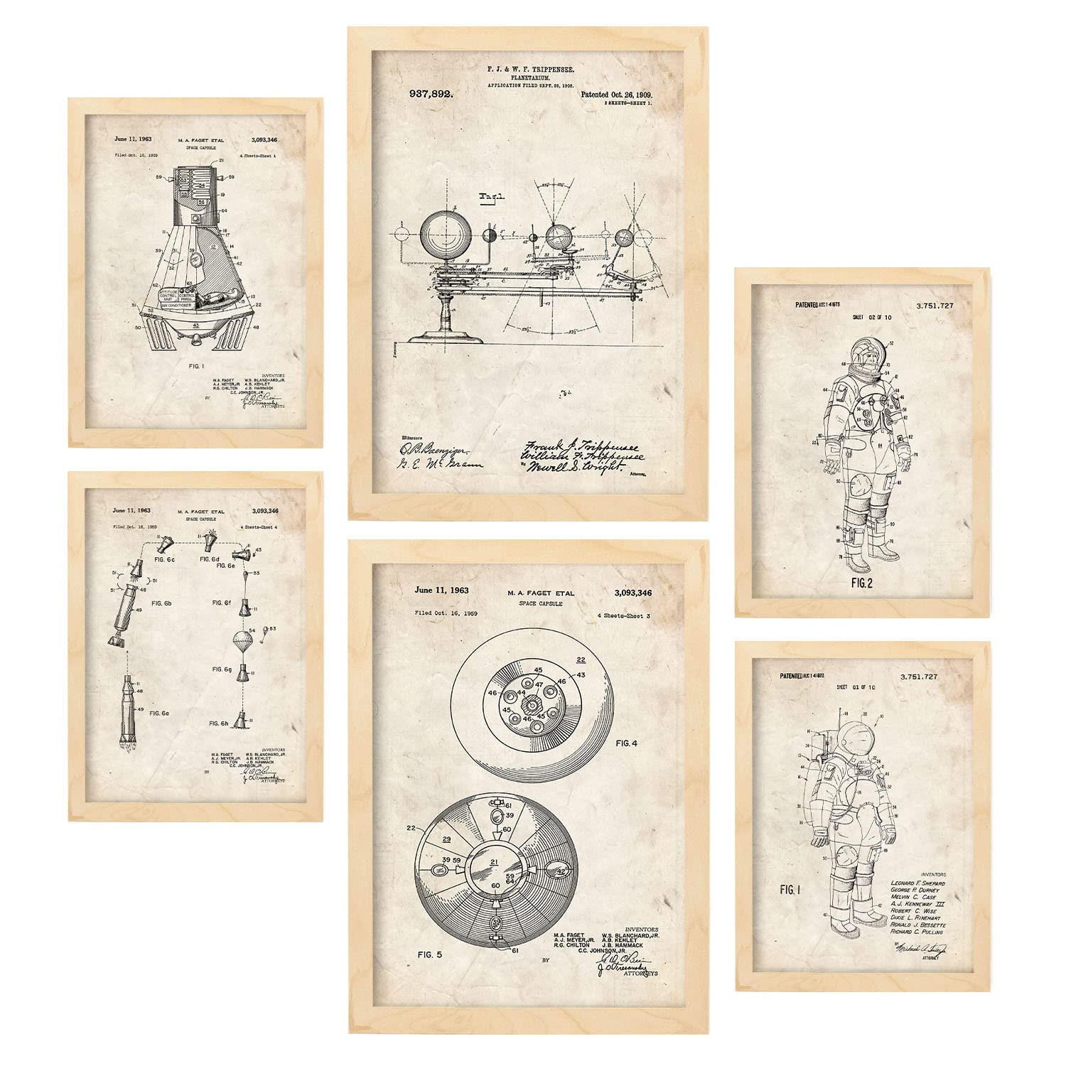 POSTER Set Mit 6 Plakaten Mit Astronaut Patenten Im Vintage Stil A3 & A4 Rahmen Aus Hellem Holz - Beige, Papier (29/3cm) - Nacnic