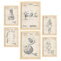 POSTER Set Mit 6 Plakaten Mit Astronaut Patenten Im Vintage Stil A3 & A4 Rahmen Aus Hellem Holz - Beige, Papier (29/3cm) - Nacnic