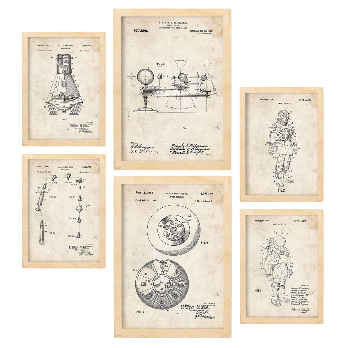 POSTER Set Mit 6 Plakaten Mit Astronaut Patenten Im Vintage Stil A3 & A4 Rahmen Aus Hellem Holz - Beige, Papier (29/3cm) - Nacnic