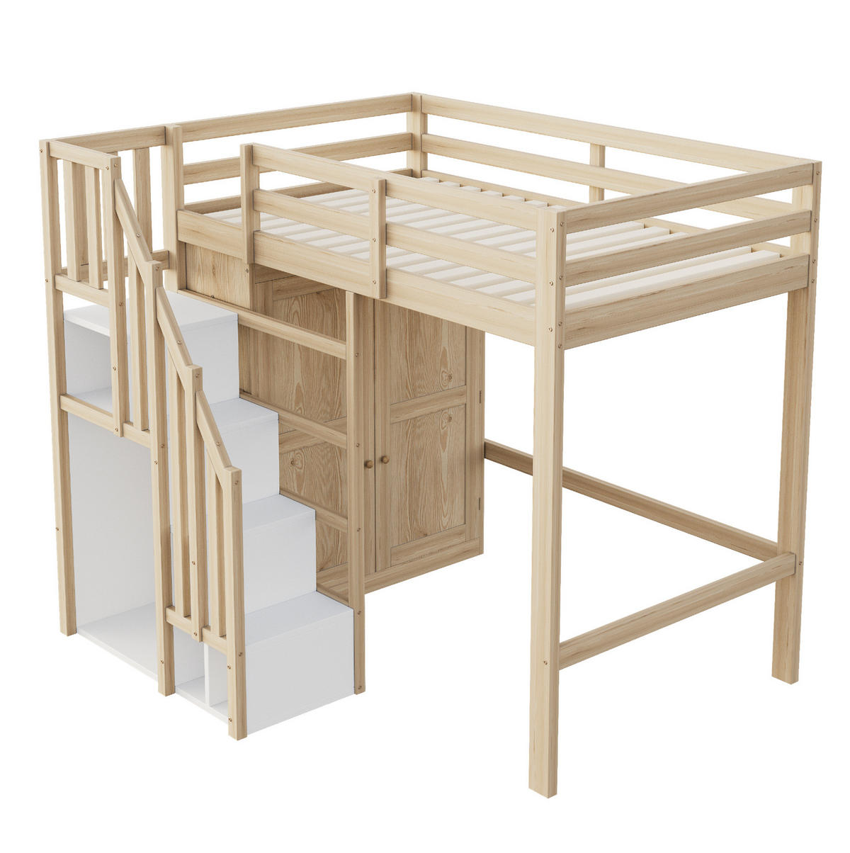 HOCHBETT aus Holz 90x200 cm in Holzfarbe mit Kleiderschrank & Stauraumtreppe - Naturfarben, Holzwerkstoff (90/200cm) - Modfu