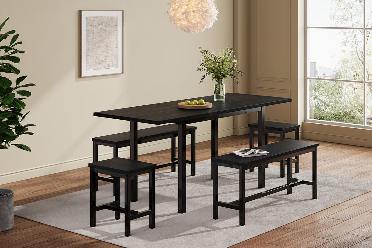TISCHSET Ausziehbar mit mit 2 Bänken und 2 Hockern - Schwarz, Holzwerkstoff/Metall (70/75/160cm) - Urban Meuble