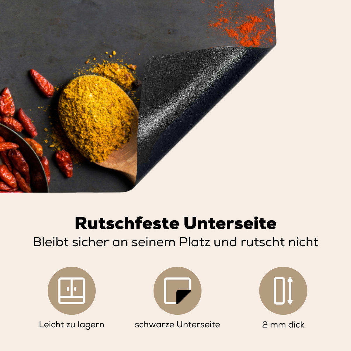 HERDABDECKPLATTE Kräuter - Lebensmittel - Gewürze - Schwarz - Paprika - Zimt 90x52 cm - Currygelb, Kunststoff (90/52/0.2cm) - MuchoWow