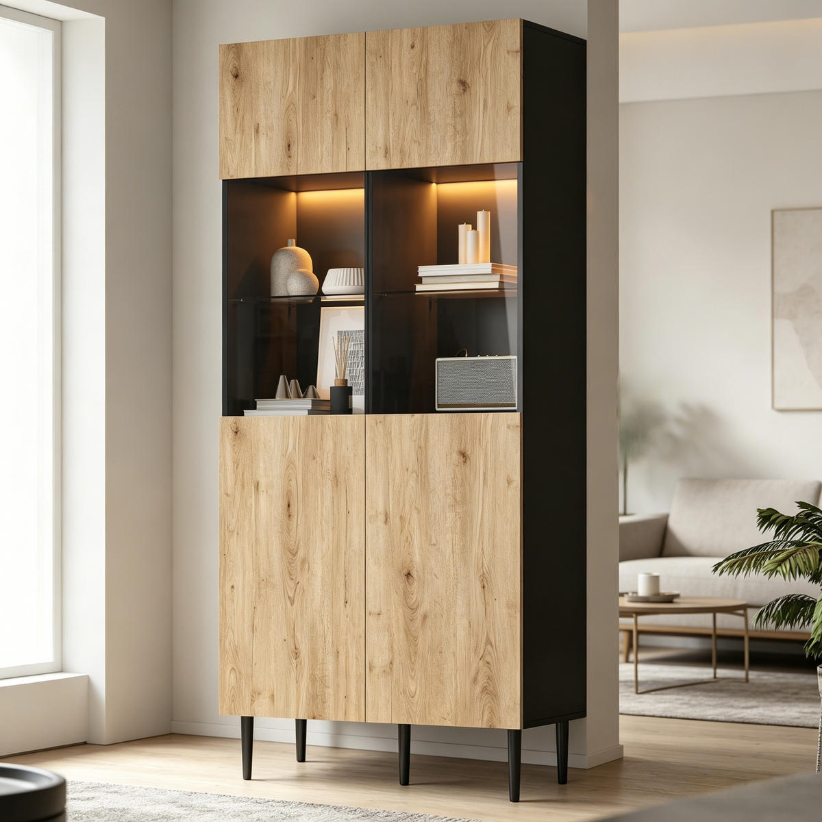 VITRINE LED Hochschrank Glas 10 Fächer Holz Schwarz 180cm - Multicolor, Holzwerkstoff (80/180/35cm) - FLIEKS
