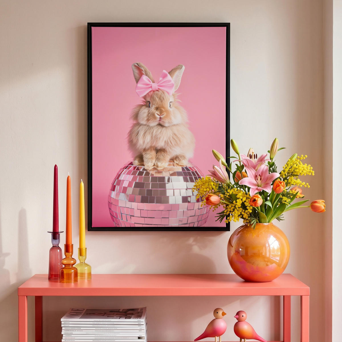 LEINWAND Bilder mit Rahmen - Schleife - Discoball - Kaninchen - 40x60 - Pink, Textil (40/60cm) - MuchoWow