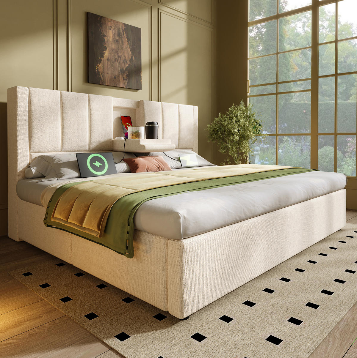 POLSTERBETT 160/200 cm Beige mit hydraulischem Bettkasten und USB- und Type-C-Anschlüssen aus Leinen - Beige, Textil (160/200cm) - OKWISH