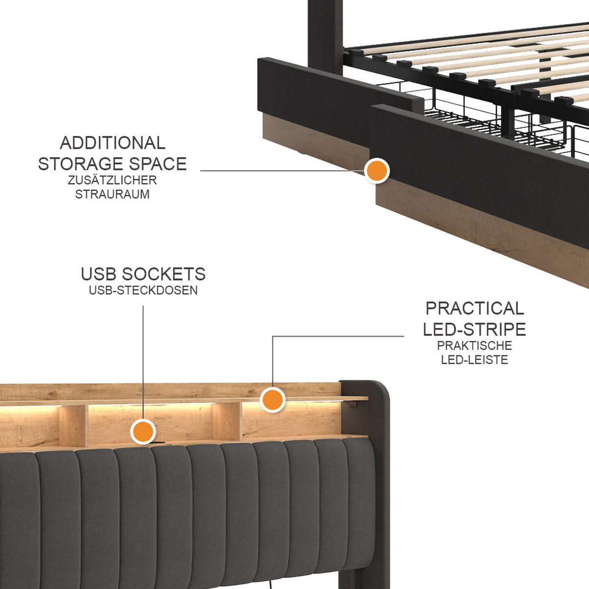 ČALOUNĚNÁ POSTEL Nura Antracit - antracitová/barva dubu, kompozitní dřevo - VitaliSpa