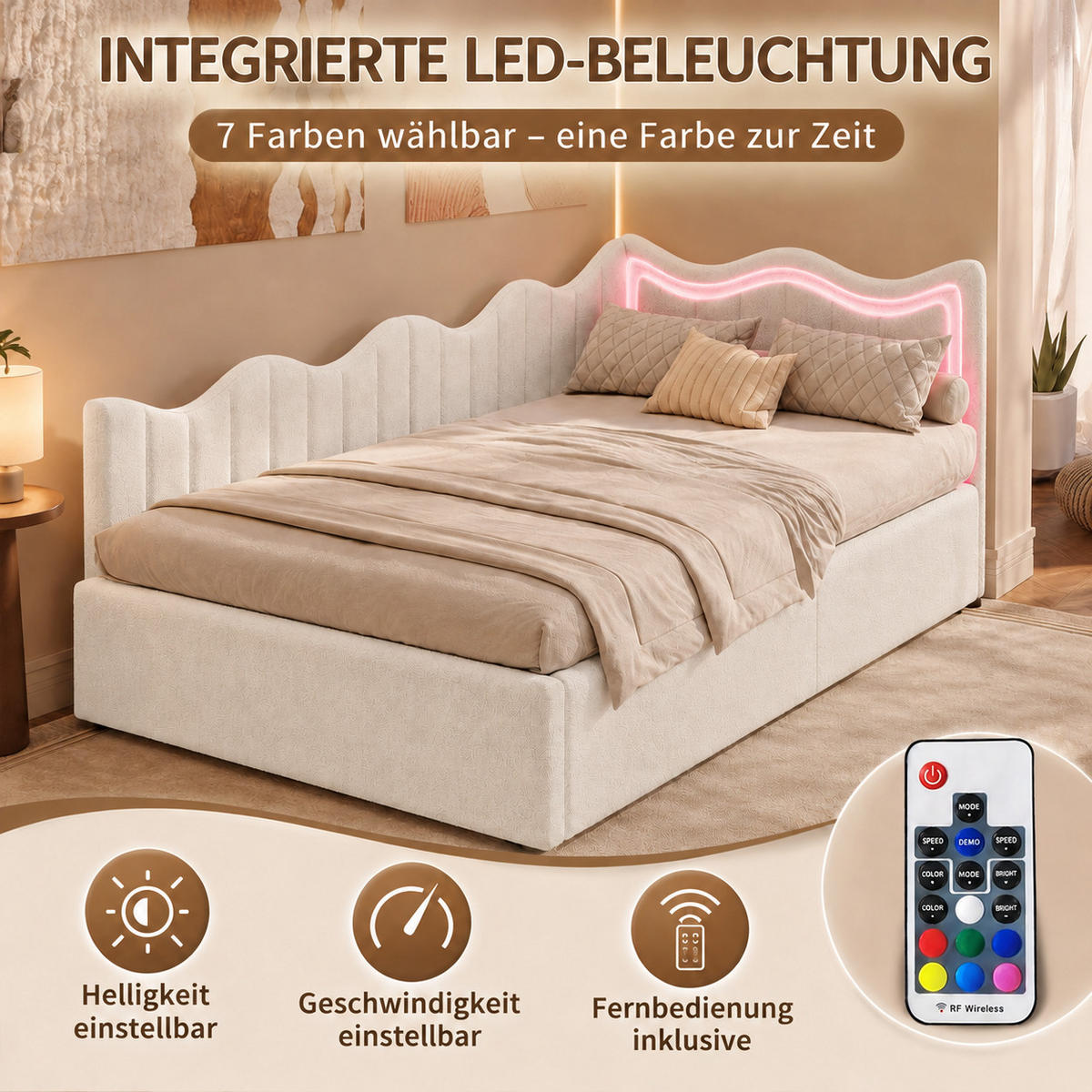 SCHLAFSOFA Samt cremeweiß mit RGB-LED-Beleuchtung, Fernbedienung, großem Stauraum unter der Liegefläche - Beige, Metall (97/75/213cm) - Joyfair