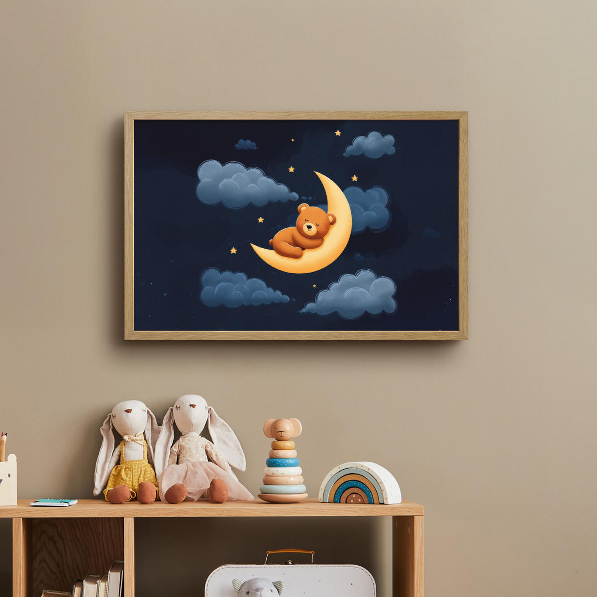 NACHTTISCHLAMPE MIT AKKU Teddybär - Mond - Wolken - Sterne 60x40 cm - Dunkelblau, Holzwerkstoff (8/60/40cm) - OnlyWow