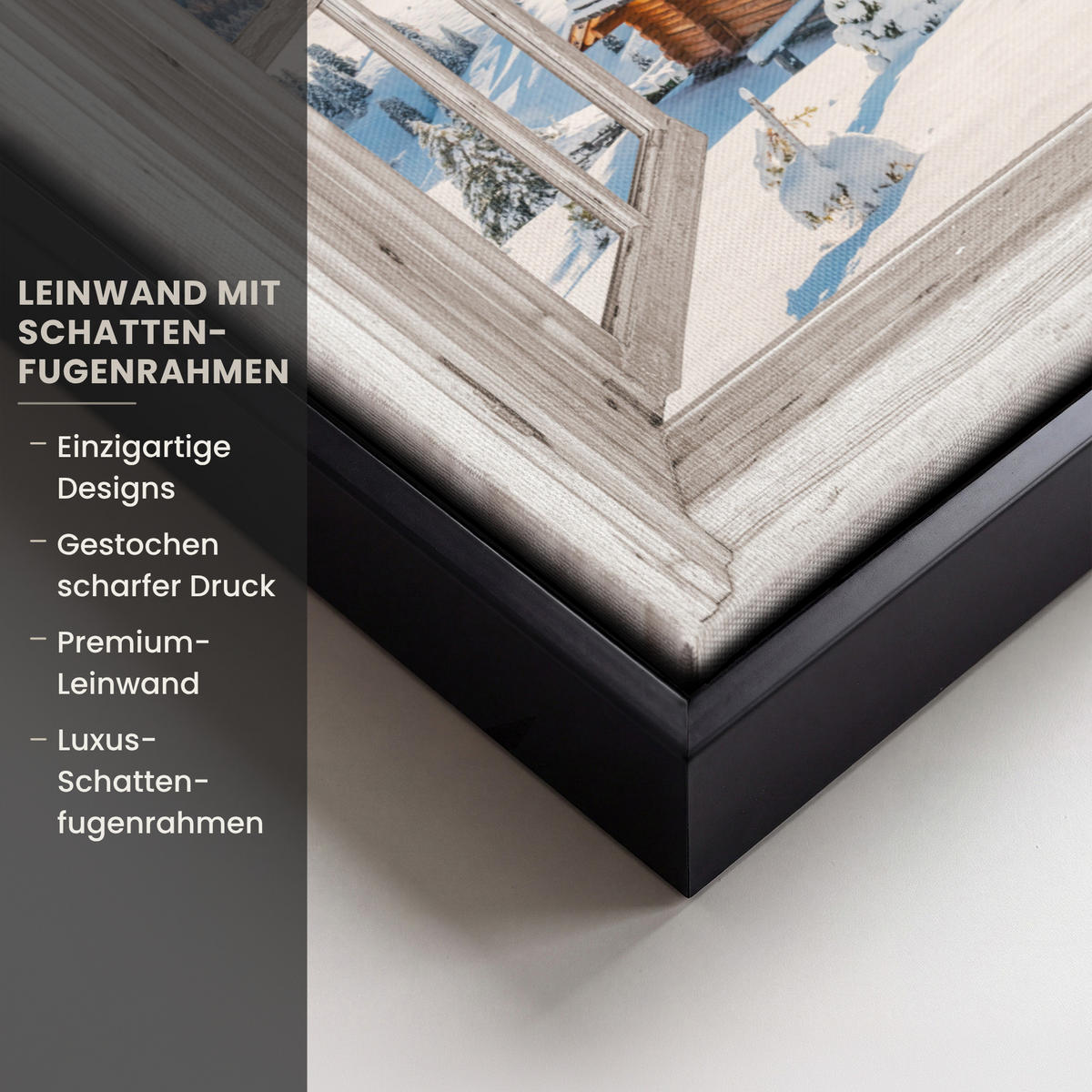 LEINWAND Bilder mit Rahmen - Winterlandschaft - Hütte - Berge - Ausblicke - Aussicht - Natur - 30x40 - Weiß Hochglanz, Textil (30/40cm) - MuchoWow