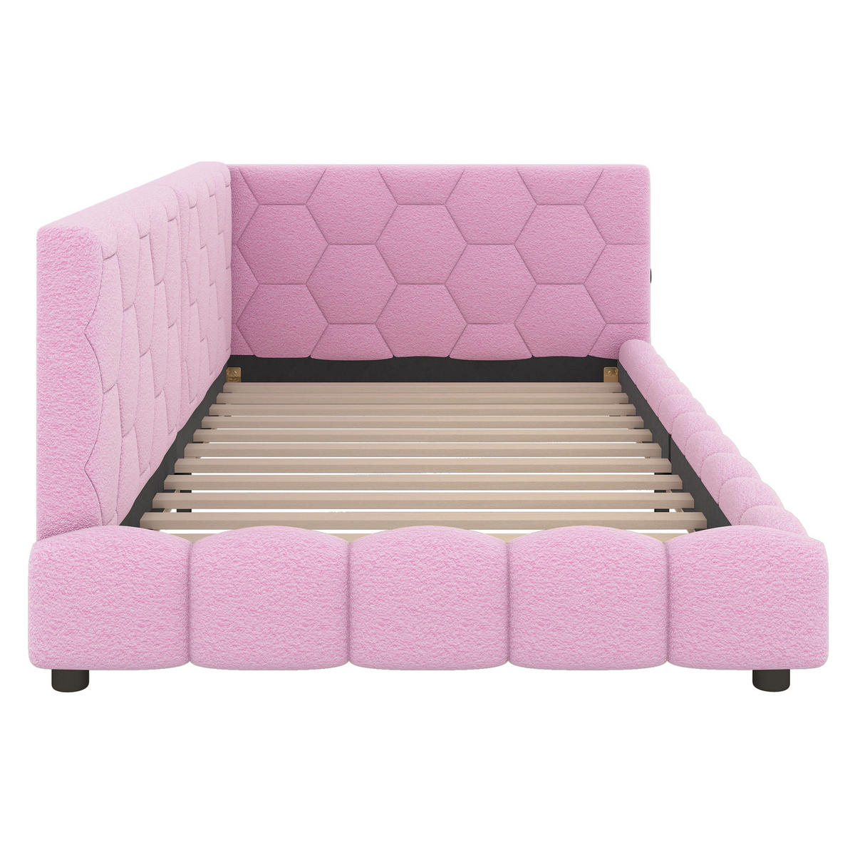 DĚTSKÁ postel 90/200 cm růžová z MDF a sametu s LED osvětlením, USB a USB-C - růžová, textil (90/200cm) - OKWISH