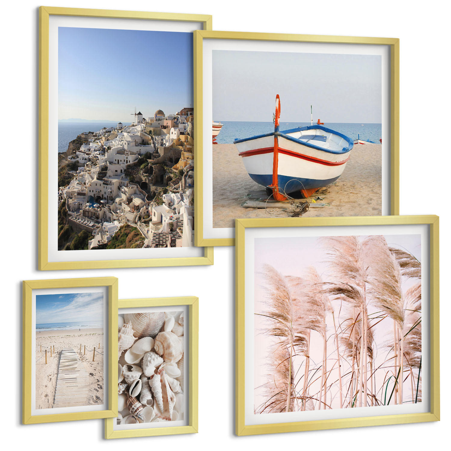 BILDER SET 5er Set - 50x50 cm & 20x30 cm & 40x60 cm Goldrahmen - Japanische Berglandschaften - Goldfarben, Kunststoff (40/60cm) - TULUP