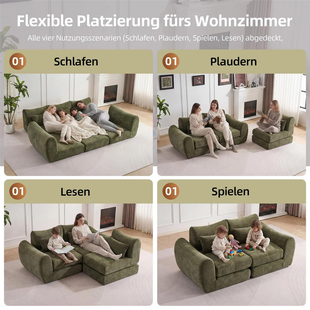 SCHLAFSOFA 3-Sitzer Chenille, Modernes Lounge Sofa ohne Aufbau, Grün - Grün, Textil (262/78/97cm) - Kaket
