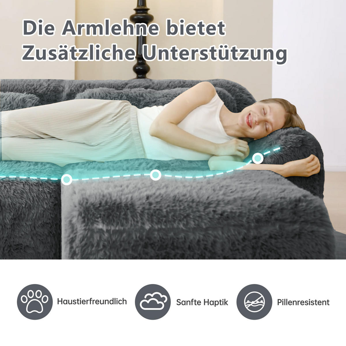 SCHLAFSOFA 3-Sitzer aus Plüschstoff mit 3 Hockern, Grau - Grau, Textil (291/73/179cm)