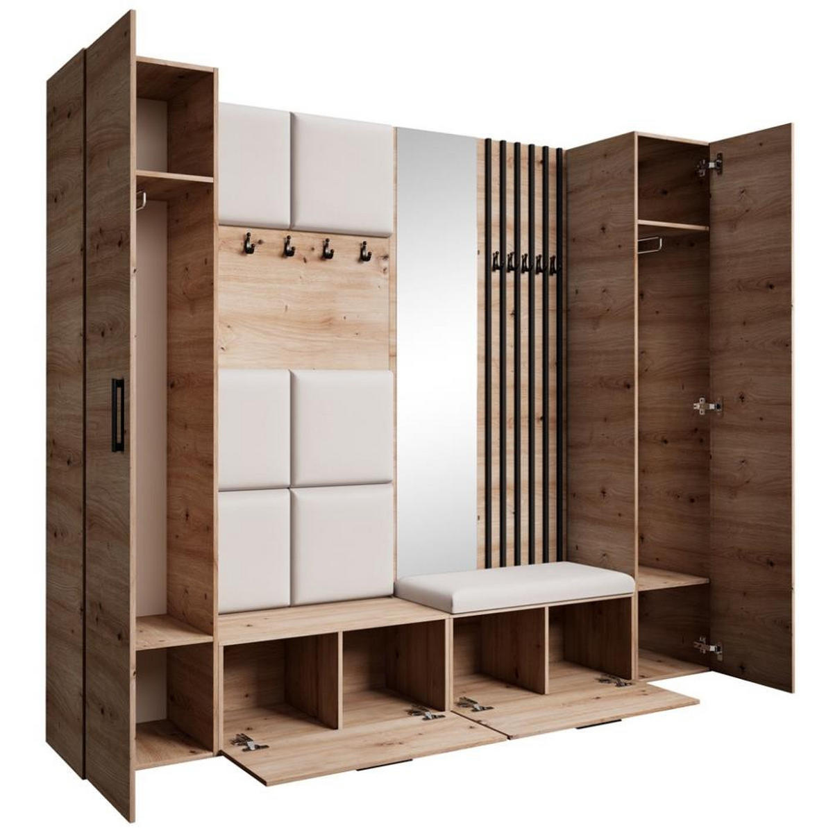 GARDEROBE Margaret XL 242/203/43 mit gepolsterten Paneelen/Lamellen/Spiegel - Beige/Schwarz, Holzwerkstoff/Kunststoff (242/203/43cm) - Beautysofa
