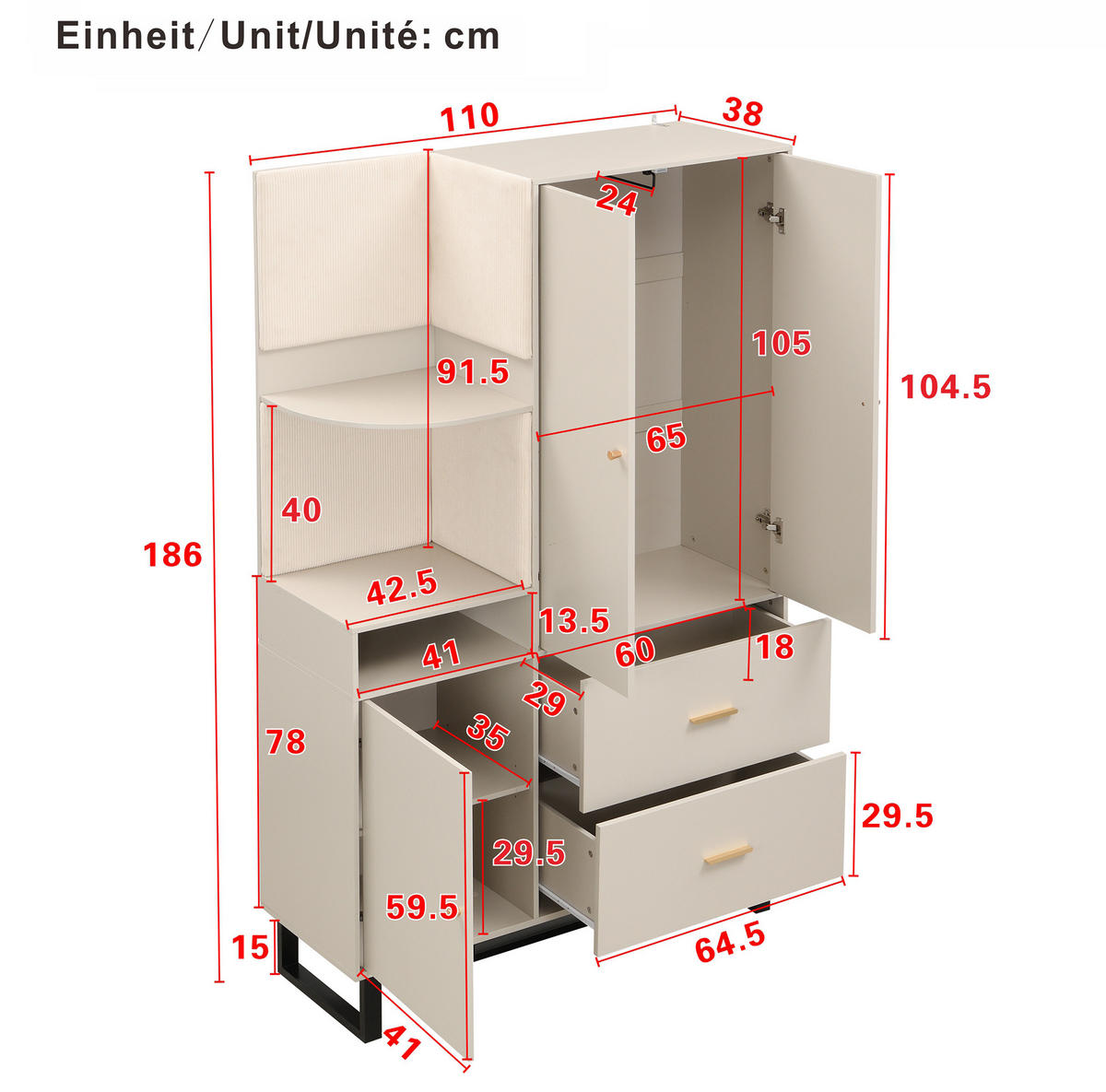 STANDGARDEROBE 110/38/186 cm mit Kleiderstange, Schubladen und Schrank in Graubeige - Beige, Holzwerkstoff (110/186/38cm) - BEAOK