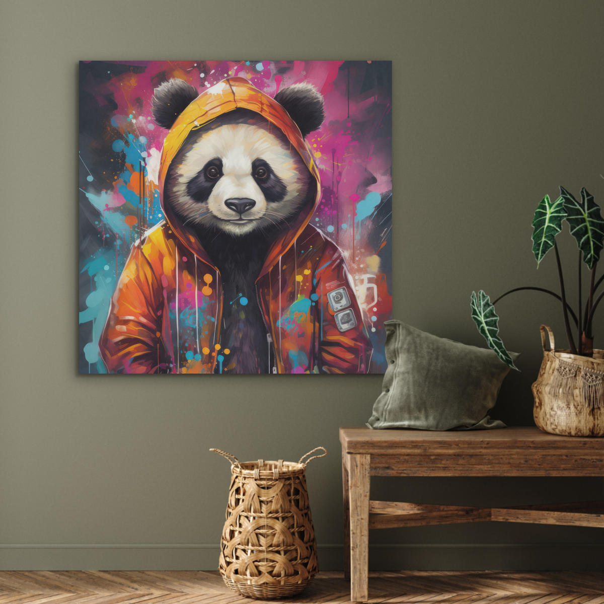 AKUSTIKPANEEL Panda - Jacke - Graffiti - Orange 90x90 cm - Orange, Textil (90/0.9/90cm) - MuchoWow