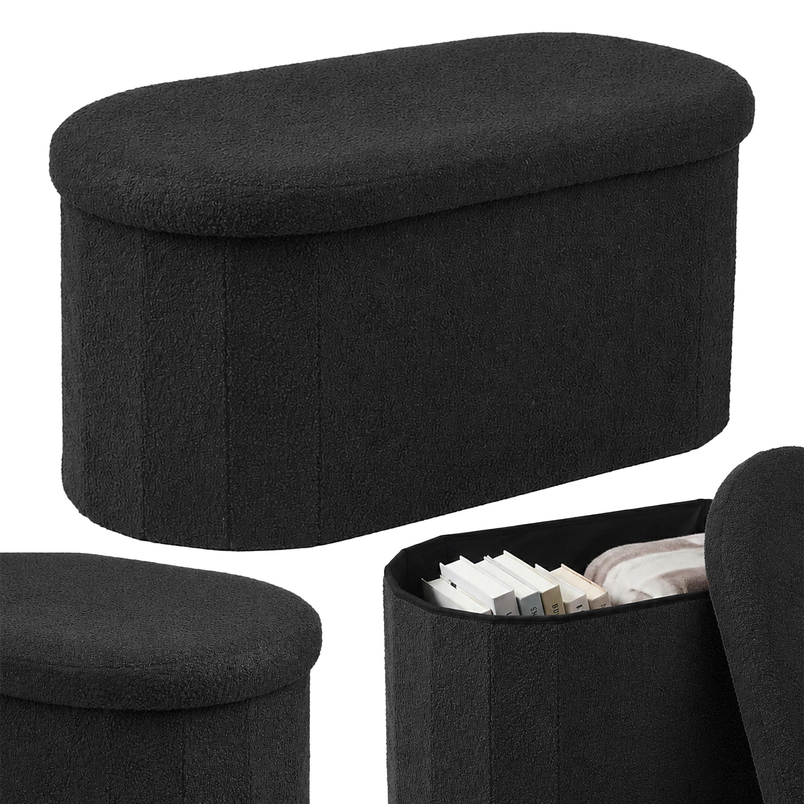 SITZBANK Schwarz mit Stauraum Teddystoff 76 cm - Schwarz, Holzwerkstoff/Textil (76/38/38cm) - Relaxdays