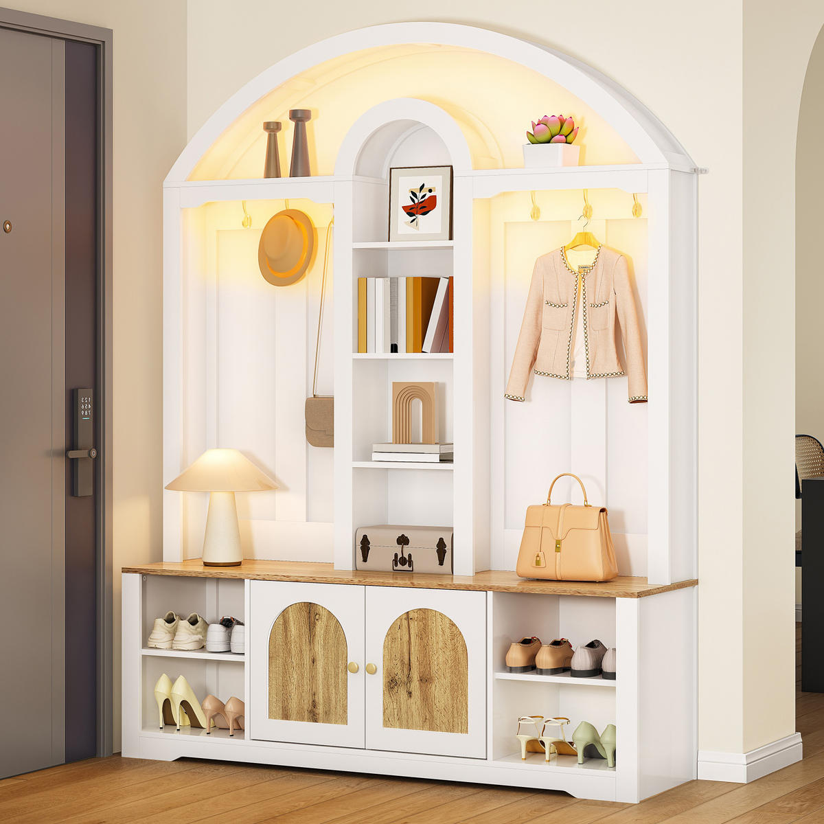 GARDEROBE Flur geschwungenes Design offene Regale LED Hakenleiste multifunktionaler Stauraum - Weiß, Holzwerkstoff/Metall (150/195/40cm) - EVRYAE