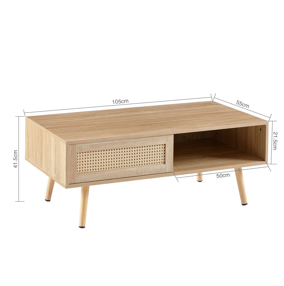 COUCHTISCH 105/55/40 cm mit Schiebetür, Rattan-Geflecht und Stauraum, Naturfarben - Braun, Holzwerkstoff (105/55/40cm) - Redom